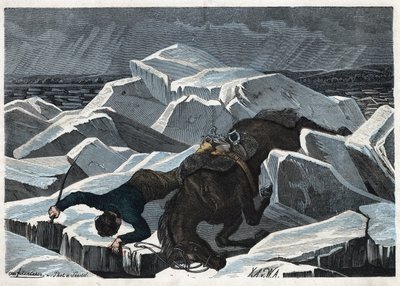 Grev Sandors og hestens fall på Donaus knuste is. I "" Wenn Jemand eine Reise thut, so kann er was erzahlen"" (Når noen reiser, dette er det han kan fortelle), tysk fortelling av Franz Wiedemann av German School