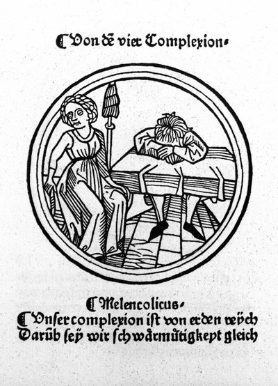 De fire temperamentene: melankolsk (trist og deprimert). Xylografi, Augsburg 1480. av German School