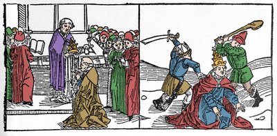 Martyrdøden til Saint Fabien (3. århundre), torturert pave og deretter halshugget, under keiser Dece-regjering. Gravering fra "Leben der Heiligen - sommerteil" (Helgenens bok) av Jacobus (James) av Voragine (1228-1298). Lübeck 1488. av German School