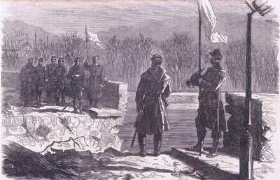 Fredsforhandlingene - et møte ved broen til Sevres, Cassells historie om krigen mellom Frankrike og Tyskland utgitt av Cassell and Company Limited, ca. 1890 (litho) av German School