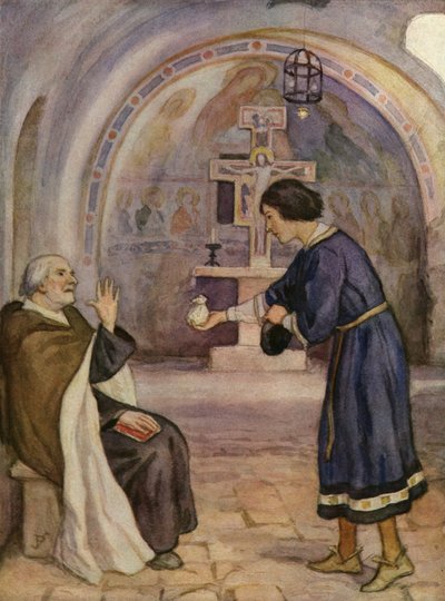 Presten i San Damiano avviser Frans av St. Frans#39; gave til å reparere kirken sin (fargelitografi) av German School