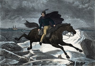 Fortellingen Sandor på hesten sin Tartar galopperende på iselven ved Donau. I "" Wenn Jemand eine Reise thut, so kann er was erzahlen"" (Når noen reiser, dette er det han kan fortelle), tysk fortelling av Franz Wiedemann av German School