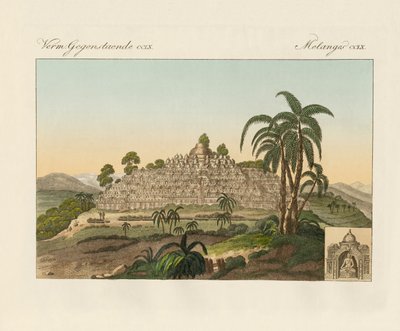 Templet til Buddha av Borobudur i Java (farget gravering) av German School