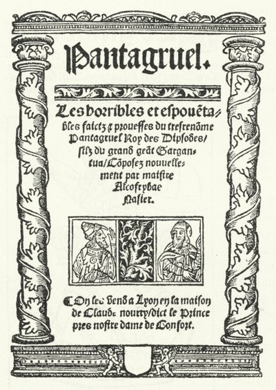 Tittelsiden fra den eldste kjente utgaven av Pantagruel, en roman av Francois Rabelais (gravering) av German School