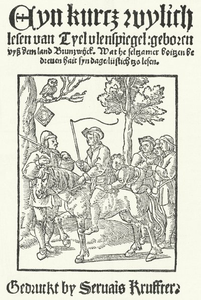 Tittelsiden til den eldste kjente lavtyske utgaven av Till Eulenspiegel, trykt av Servais Kruffter (gravering) av German School
