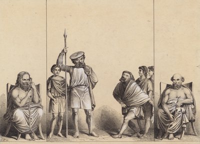 Teaterscene fra et veggmaleri i Pompeii, Italia (lito) av German School