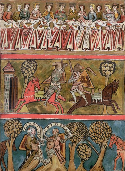 Tre scener fra Parsifal av Wolfram von Eschenbach (d.c.1230) faksimile fra et manuskript fra 1200-tallet av German School