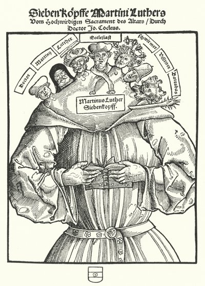 Tittelsiden til brosjyren The Seven Heads of Martin Luther av John Cochlaeus av German School