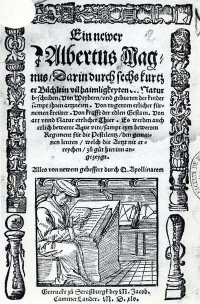 Tittelside for en ny Albertus Magnus: seks korte bøker som beskriver mange av naturens hemmeligheter, utgitt 1514 (tresnitt og boktrykk) av German School