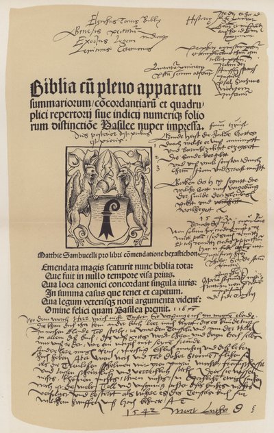 Tittelside fra Martin Luthers bibel (farge litho) av German School