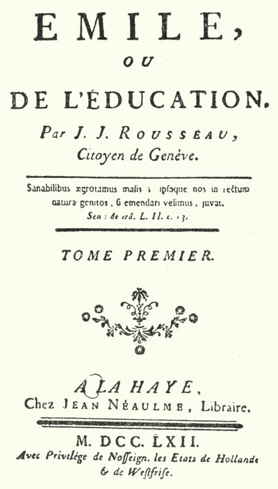 Tittelside fra den første utgaven av Emile av Jean-Jacques Rousseau, utgitt i 1762 (gravering) av German School