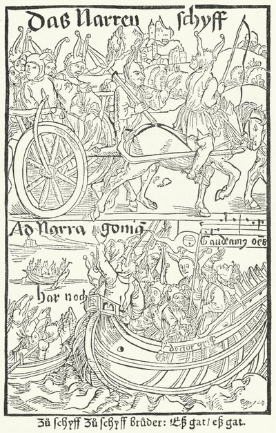 Tittelside fra den første utgaven av Sebastian Brants Fools Ship, trykt av Johann Bergmann von Olpe i Basel i 1491 (gravering) av German School