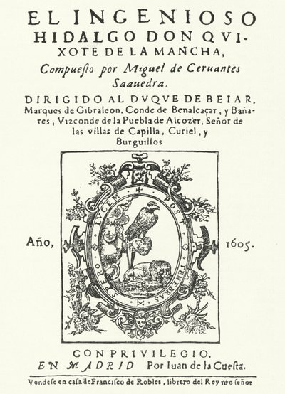 Tittelside fra den første utgaven av romanen Don Quixote, av Miguel de Cervantes (gravering) av German School