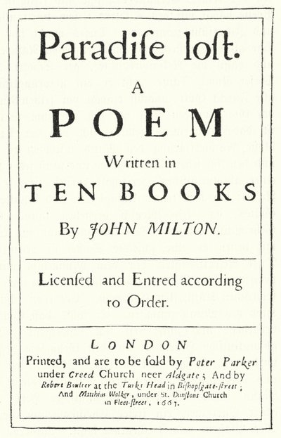 Tittelside fra den originale utgaven av Paradise Lost av den engelske poeten John Milton, utgitt i 1667 (gravering) av German School