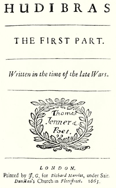 Tittelside fra det satiriske diktet Hudibras av den engelske poeten Samuel Butler, utgitt i 1663 (gravering) av German School