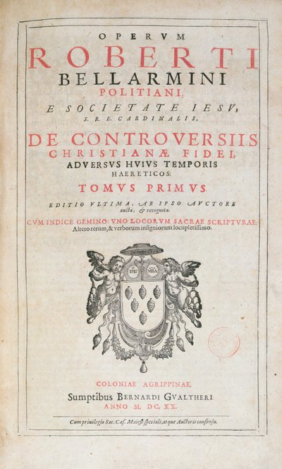 Tittelside til De Controversiis av Robert Bellarmine, utgave utgitt i Köln i 1620 (trykt papir) av German School