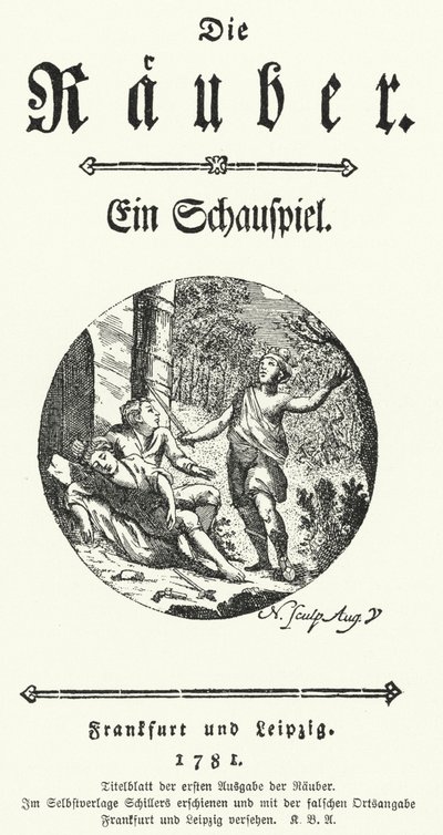 Tittelside til den første utgaven av Friedrich Schillers skuespill Die Rauber (Røverne) av German School