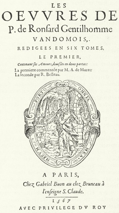 Tittelside til første bind av den sjeldne og veldig populære andre utgaven av verkene til Pierre de Ronsard, utgitt i seks bind av dikteren selv (gravering) av German School
