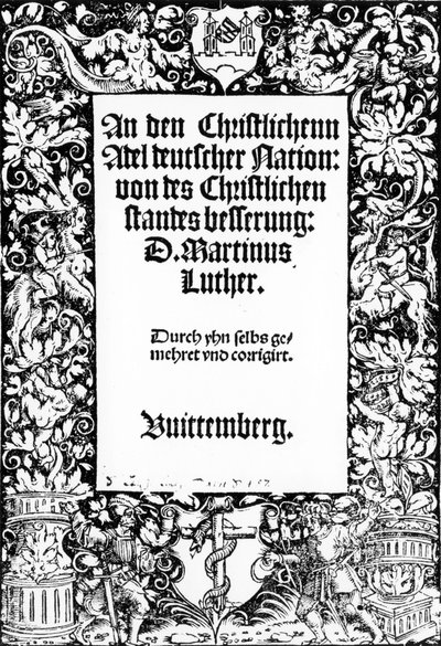 Tittelside til Martin Luthers tale til den tyske nasjonens kristne adel, utgitt i Wittenberg, 1520 av German School