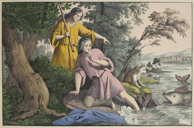 Tobias and the Archangel Raphael, illustrasjon fra LAncien Testament, utgitt av Jakob Ferdinand Schreiber, Esslingen (fargegravering) av German School