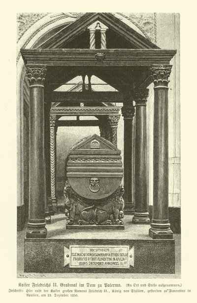 Graven til Frederick II, den hellige romerske keiseren, i Palermo katedral, Sicilia (gravering) av German School