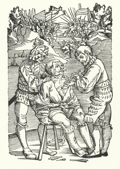 Behandle en såret soldat på slagmarken (gravering) av German School