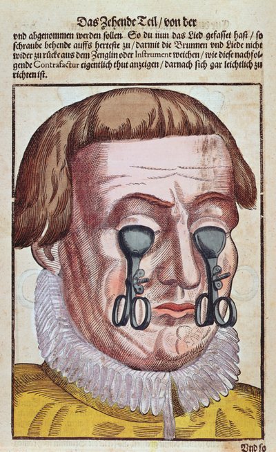 Behandling av en øyelidelse, fra Ophthalmodouleia av Georg Bartisch (1535-1636) utgitt i Dresden i 1583 (farget treblokktrykk) av German School