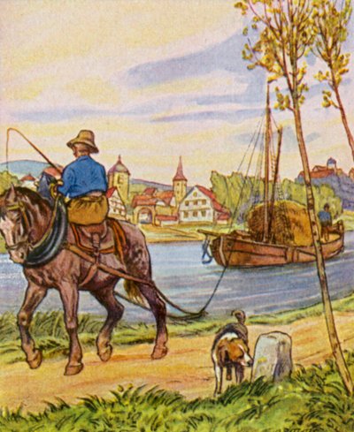 Treidelschiff / Towboat (colour litho) av German School