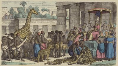 Hyllestoffer fra Etiopia blir presentert til faraoen i Egypt (farget gravering) av German School