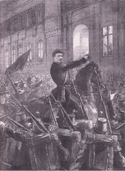 Trochu samler nasjonalgarden utenfor Hotel de Ville, Cassells historie om krigen mellom Frankrike og Tyskland utgitt av Cassell and Company Limited, ca. 1890 (litho) av German School