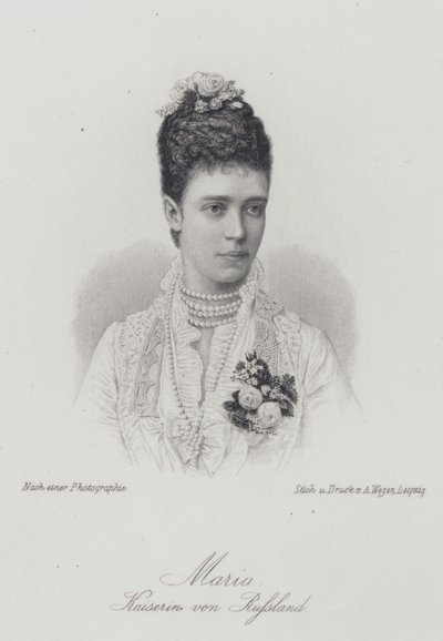 Tsarina Maria Feodorovna, konsort av tsar Alexander III av Russland (gravering) av German School