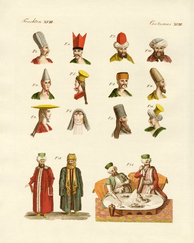 Tyrkiske nasjonaldrakter (farget gravering) av German School