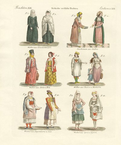 Tyrkiske nasjonaldrakter (farget gravering) av German School