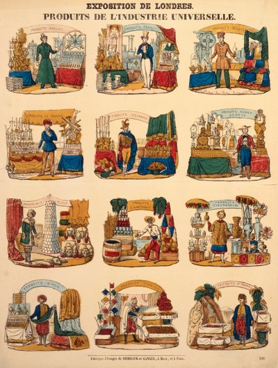 Tolv utstillingsstander fra forskjellige nasjoner på Great Exhibition i London, utgitt av Dambour & Gangel, Metz, 1851 (tregravering) av German School
