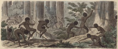 To stammer av australske aboriginer kjemper (farget gravering) av German School