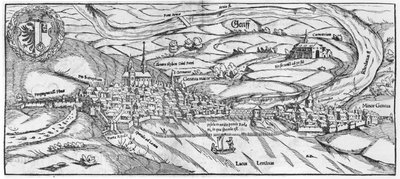 Utsikt over Genève, fra Cosmographie Universelle av Sebastien Munster (1488-1552) Basel, utgitt 1559 av German School