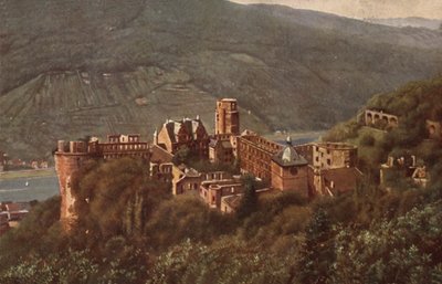 Utsikt over Heidelberg slott fra Molkenkur (fargelitografi) av German School
