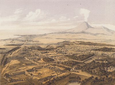 Utsikt over Pompeii, Campania, Italia (fargelitografi) av German School