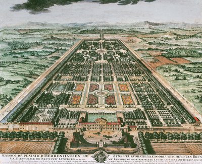 Utsikt over hagen til Herrenhausen slott, ca 1708, fargetrykk, Tyskland av German School