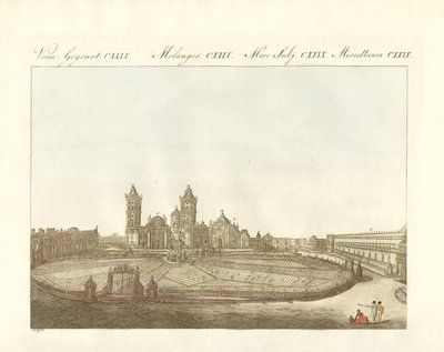 Utsikt over Grand Plaza of Mexico-City i Amerika (farget gravering) av German School