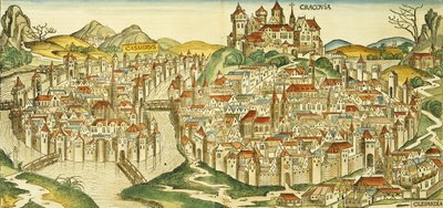 Utsikt over byen Krakow (Krakow), fra Nürnbergkrøniken av Hartmann Schedel (1440-1514) 1493 av German School