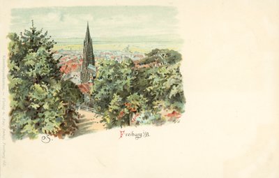 Utsikt over byen Freiburg, Tyskland, med katedralen (chromolitho) av German School
