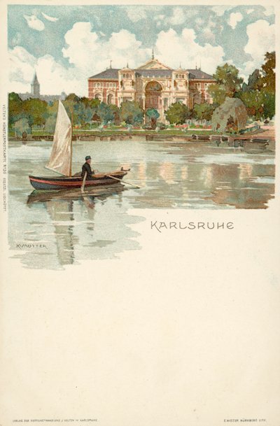 Utsikt over byen Karlsruhe i Tyskland (chromolitho) av German School
