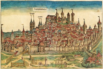 Utsikt over byen Nürnberga, publisert i Nuremberg Chronicle, 1493 av German School