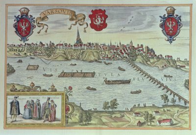 Utsikt over byen Warszawa ved elven Vistula, fra "Gamle europeiske byscener" (gravering) av German School