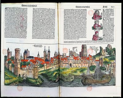 Utsikt over byen Köln, fra Chronicle of Nürnberg av Hartmann Schedel, 1493 (fargetregravering) av German School