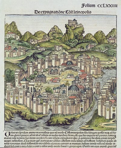 Utsikt over den befestede byen Konstantinopel, fra Nürnberg-krøniken av Hartmann Schedel (1440-1514) 1493 (treblokk) av German School