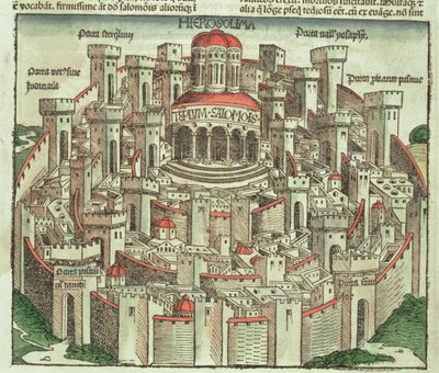 Utsikt over den befestede byen Jerusalem som viser Salomos tempel og byportene, fra Nürnberg-krøniken av Hartmann Schedel (1440-1514) 1493 av German School