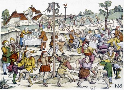 Landsbydans rundt matte de cocagne - tyske bilder fra 1500-tallet fra Nikolaus Meldemann av German School