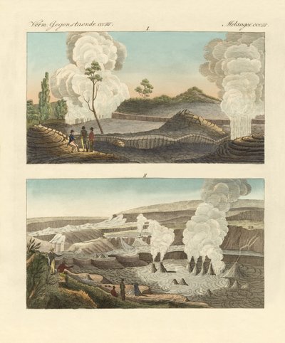 Vulkaner på øya Hawaii (farget gravering) av German School